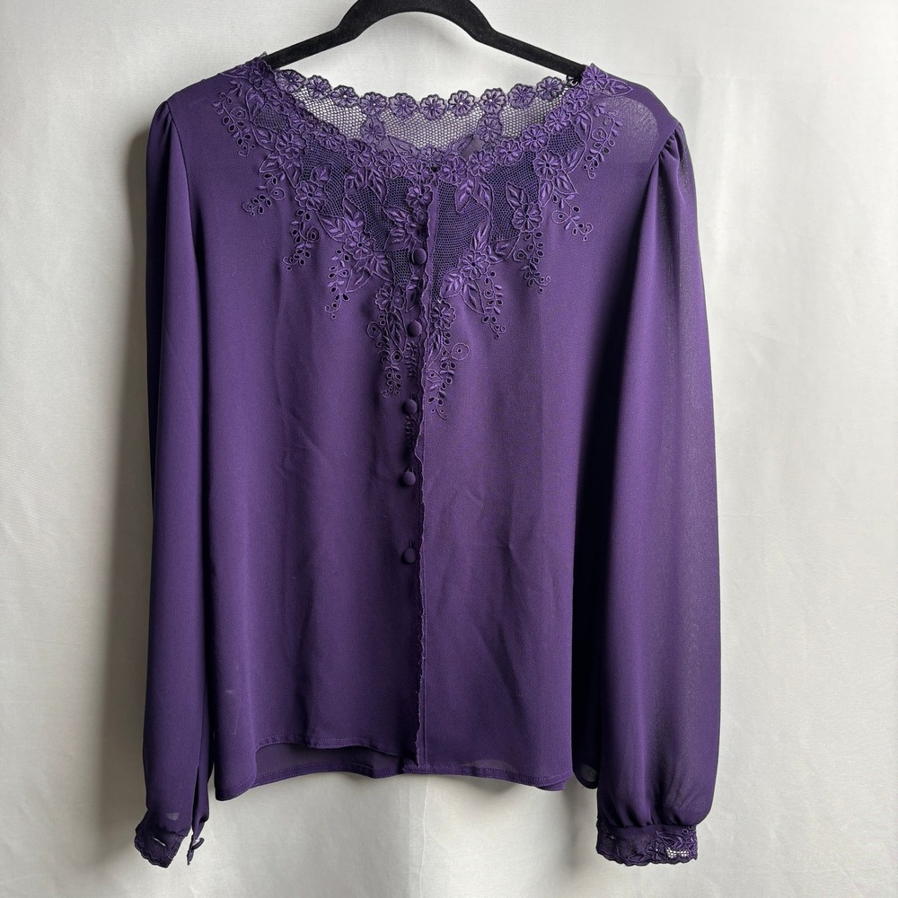 VTG Saphir Purple Silk Blend Lace Trim Button Front Blouse M Whimsical Cottage